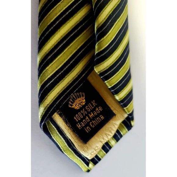 Countess Mara Tie Gold/ Green / Navy Diagonal Stripe 100% Silk w/ Crown Logo - Picture 12 of 15